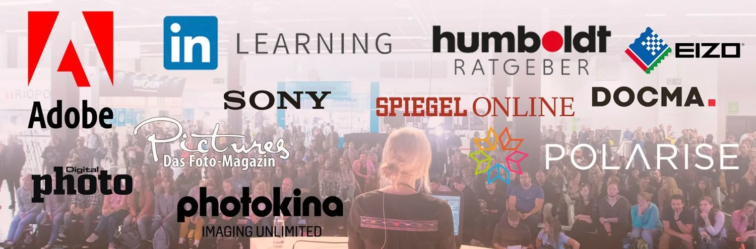 Logos von Adobe, LinkedIn Learning, Humboldt Ratgeber, EIZO, Sony, Spiegel Online, DOCMA, Digital Photo, Pictures, photokina und Polarise